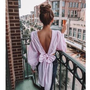 {WAYF} Dayna Tie Back Striped Blouse Pink and White Oversized Sleeves S